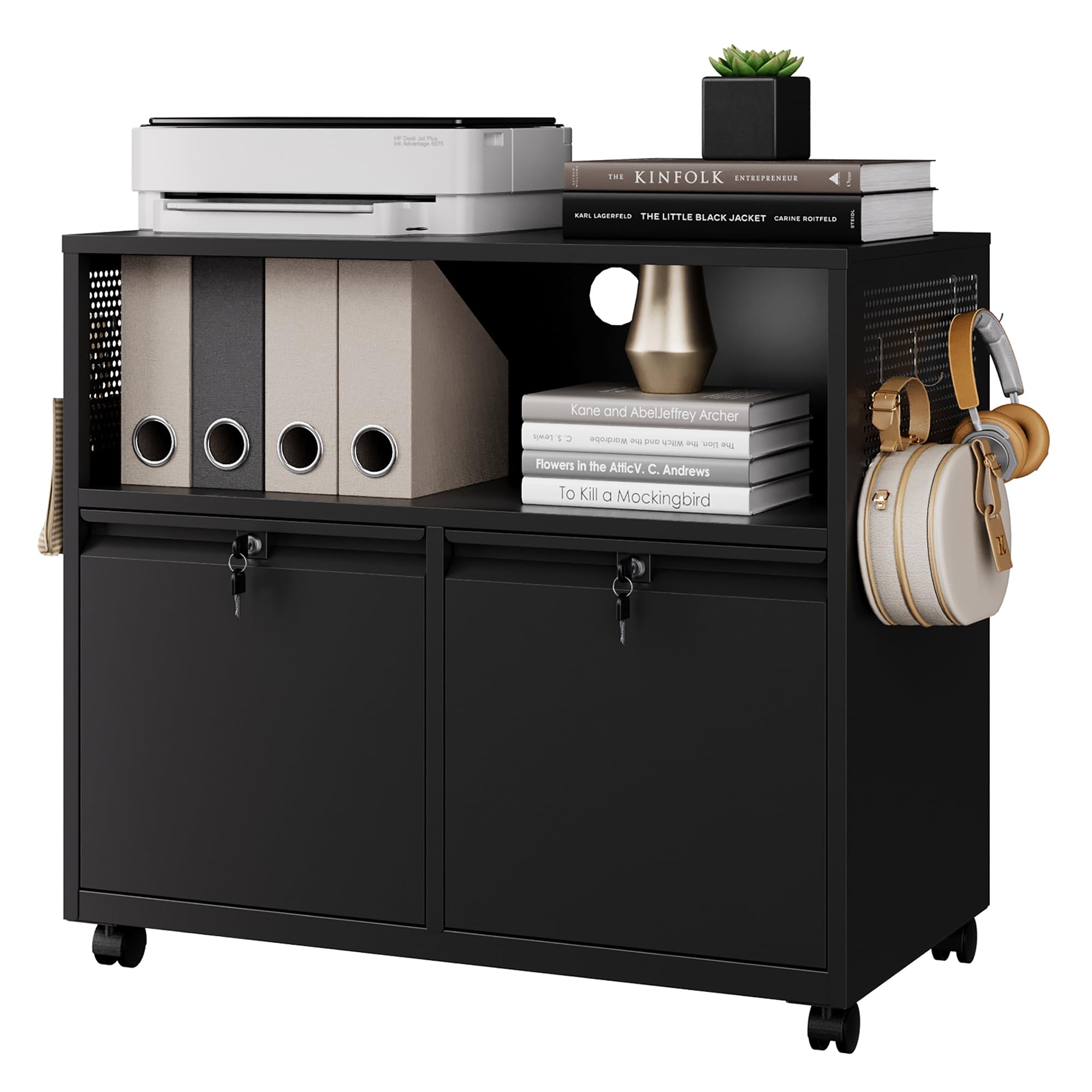 Printer Stand - خزانة ملفات متنقلة بدرجتين مع قفل،